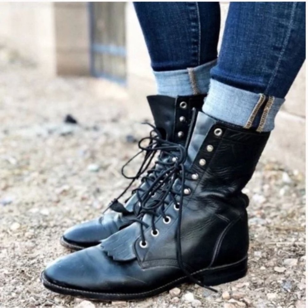 Justin Boots Womens Size 6A Lace Up Roper Kiltie Combat Black Leather Vintage
